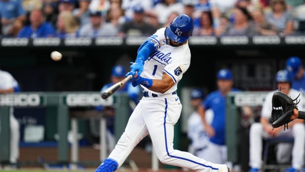 Jun 9, 2022; Kansas City, Missouri, USA; Kansas City Royals designated hitter MJ Melendez (1) hits a home run against the Baltimore Orioles during the third inning at Kauffman Stadium. Mandatory Credit: Jay Biggerstaff-USA TODAY Sports